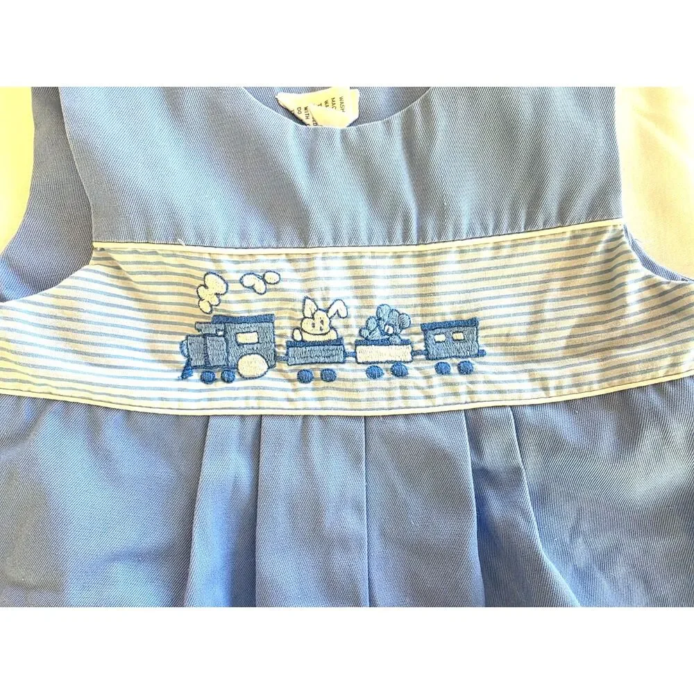 Vintage Baby Blue Train Embroidered Romper / Bubble Creeper - Size 18 Months